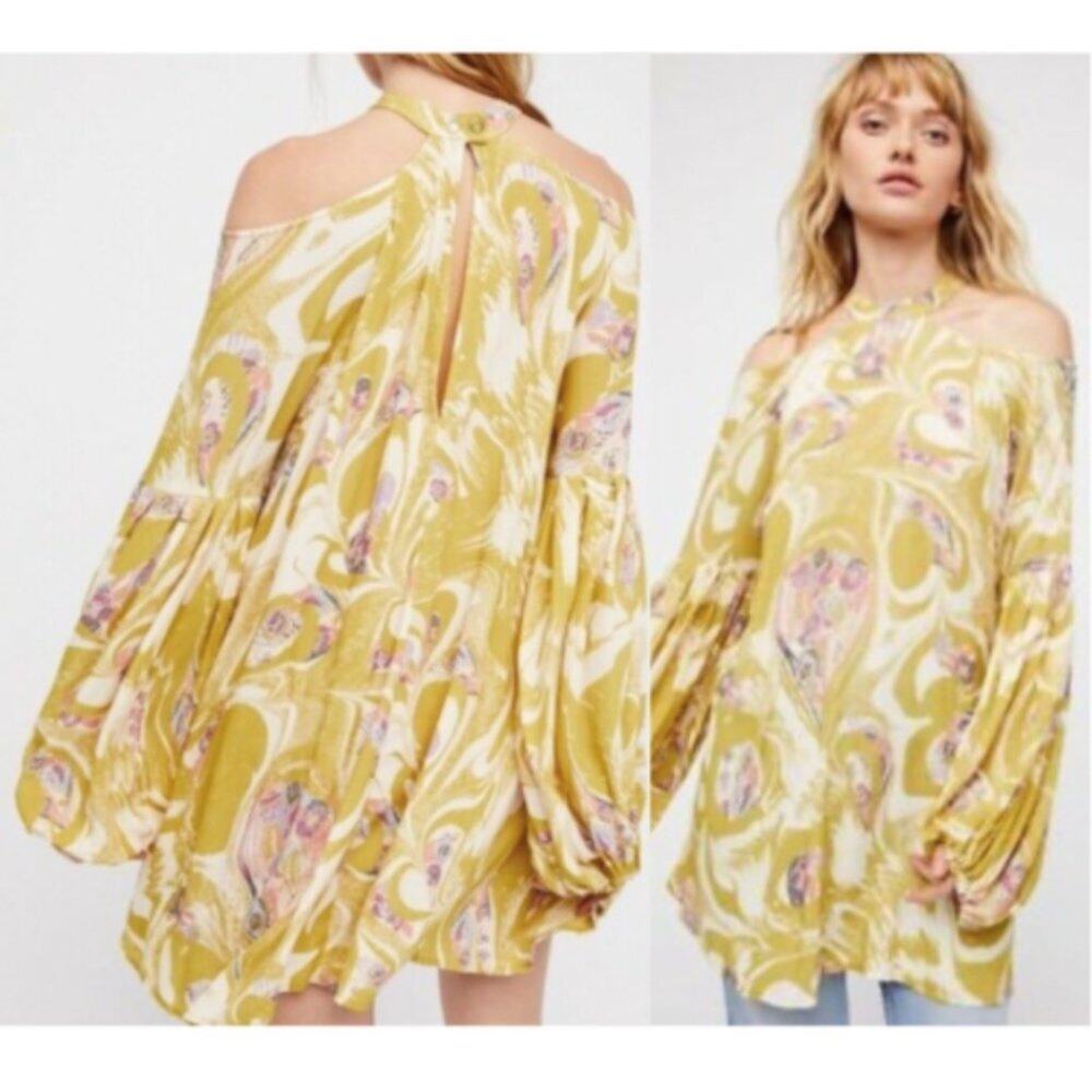 Free People Drift Away Printed Cold Shoulder Tunic Dress in Chartreuse
